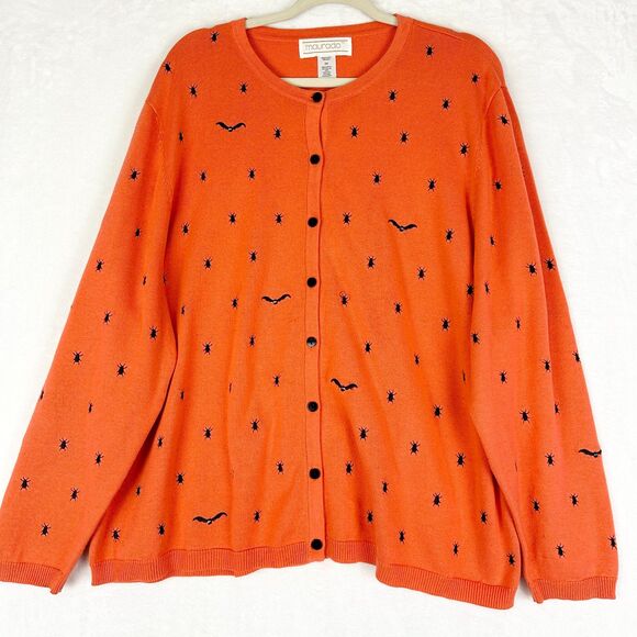 Vintage Sweaters - Vintage Maurada Halloween Cardigan 2X Bat Bug Button Front Orange Embroidered